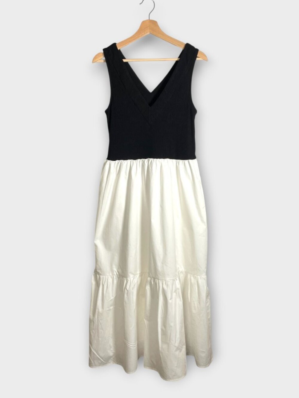 NWT Sugarlips Selina Fit & Flare Midi Dress L Black White Pockets Tank Stretch